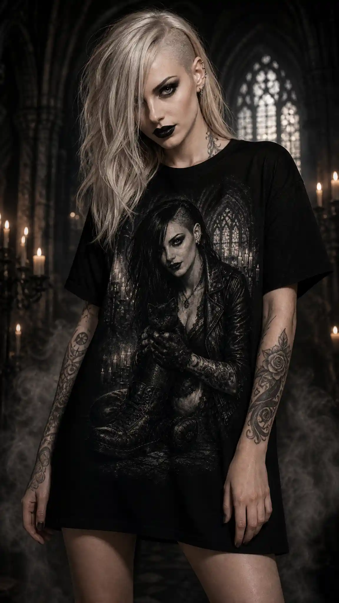 Goth woman in black T shirt with dark fantasy print