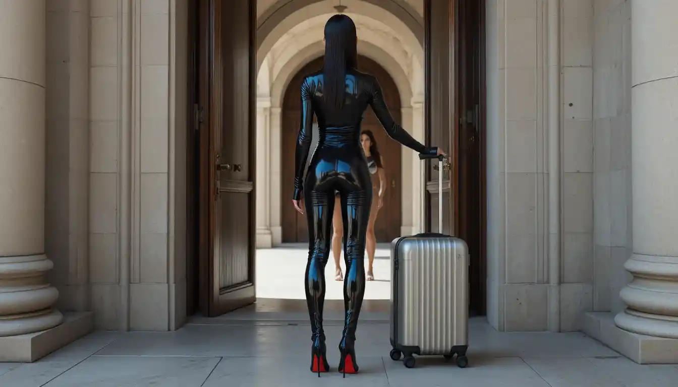 Woman in latex catsuit at exterior doorway with suitcase
