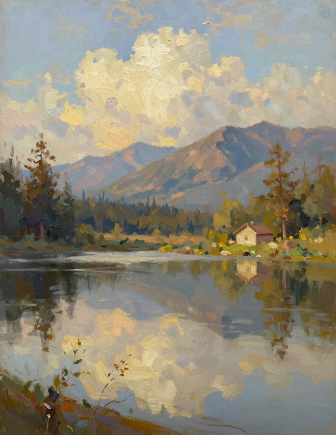Pintura a óleo de lago de montanha sereno na hora dourada