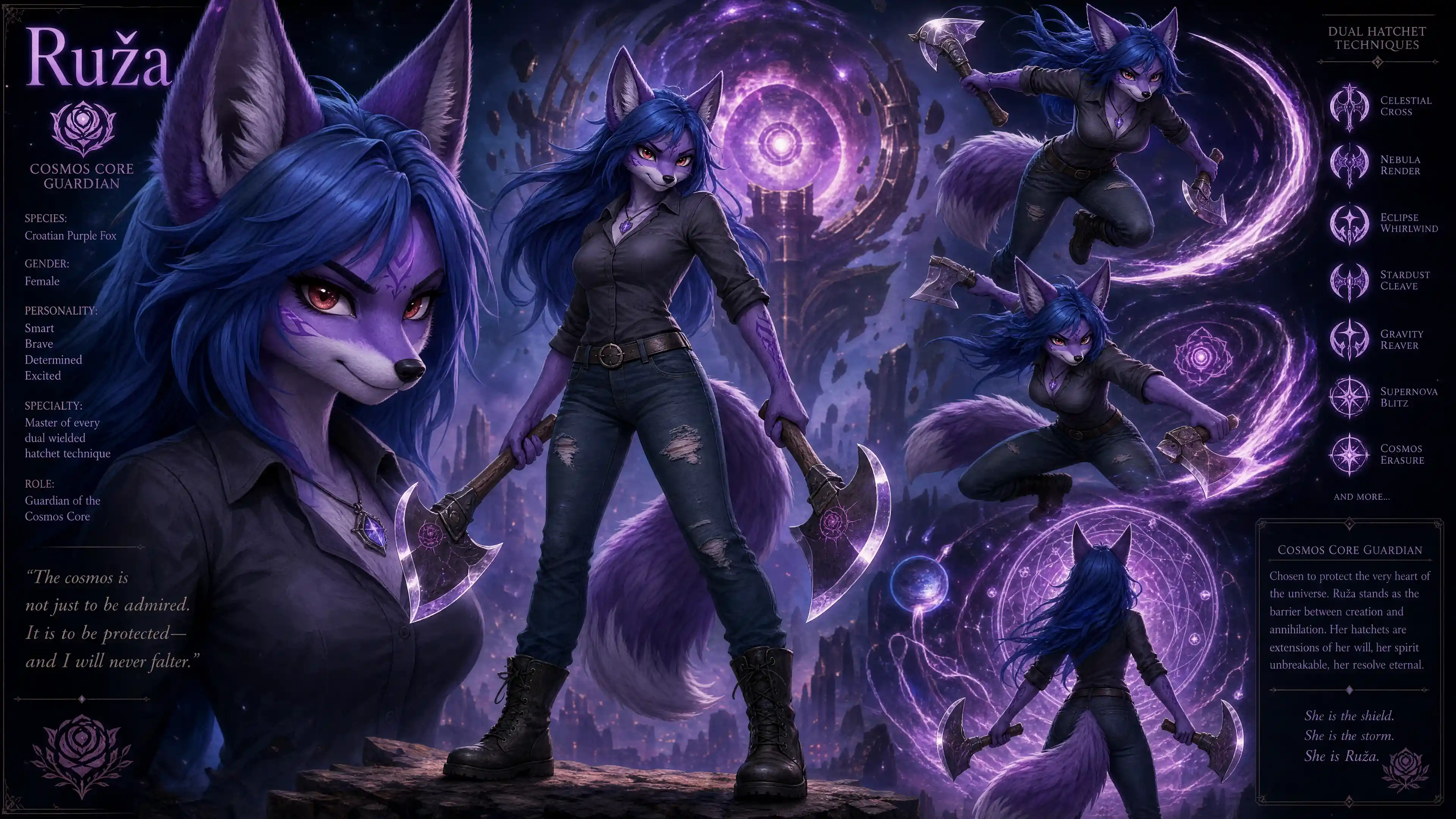 Anthro purple fox guardian with dual hatchets in cosmos