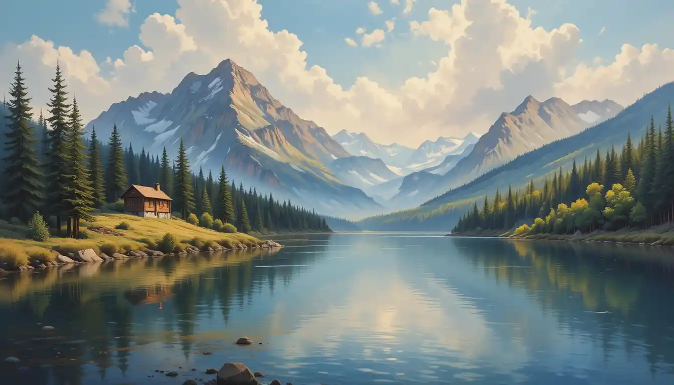 Serene mountain lake with cabin at golden hour