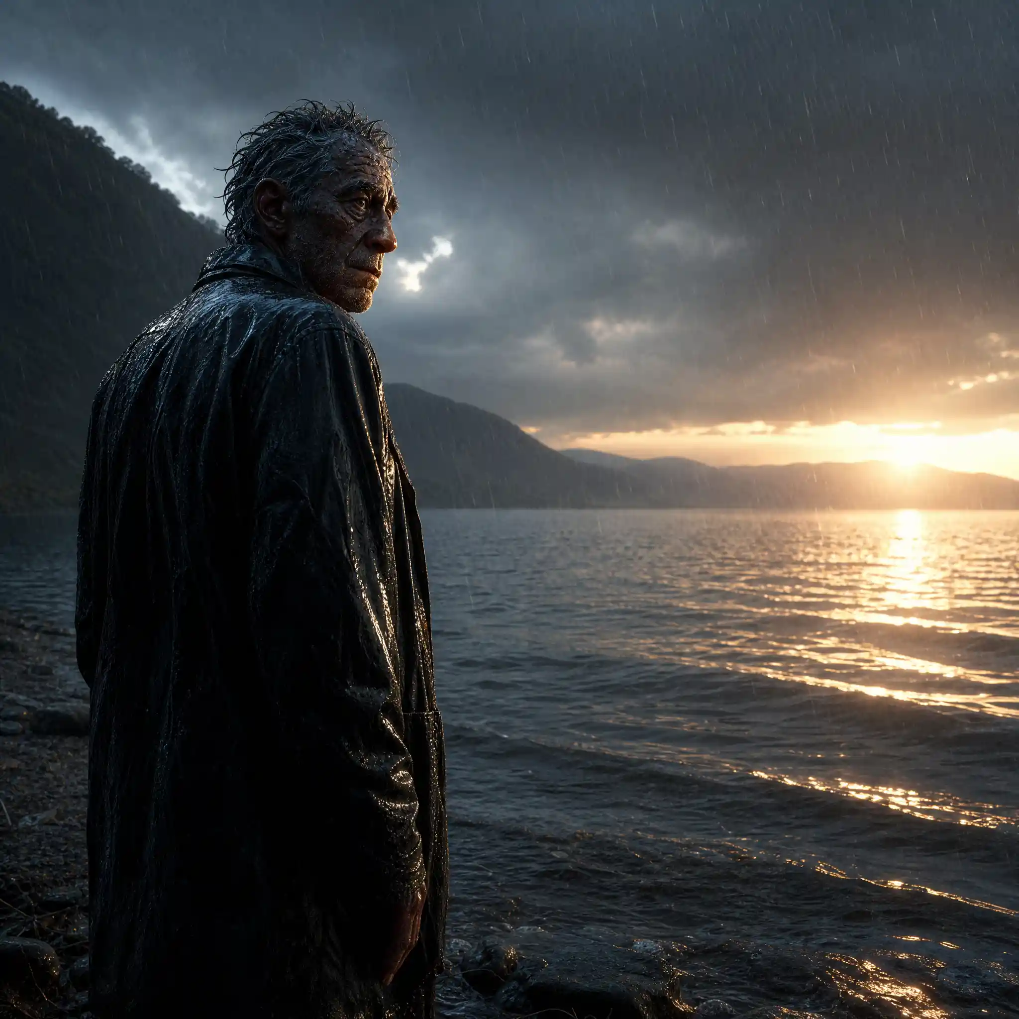 Old man standing in rain by a distant lakeside horizon