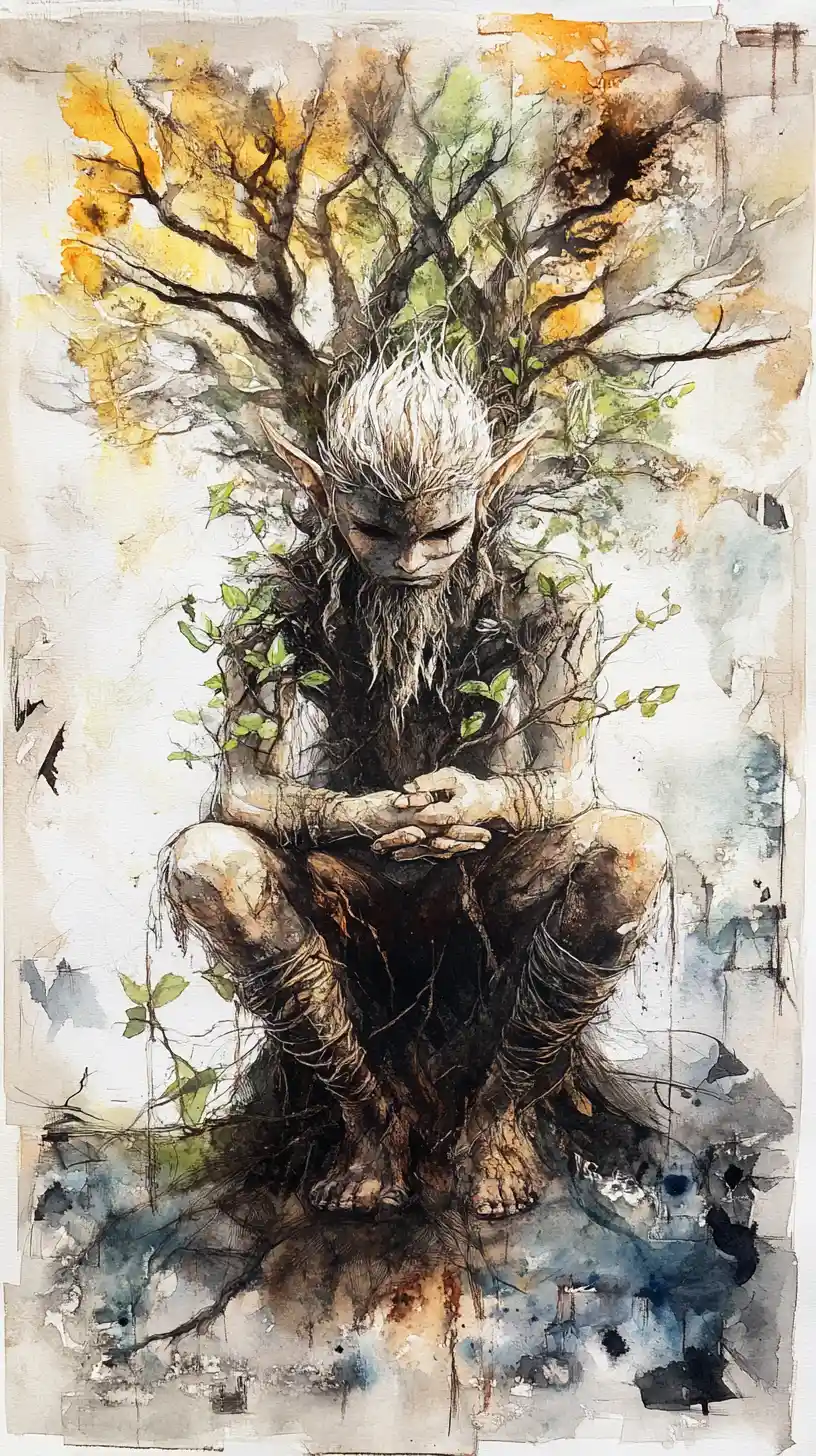Elf Beside An Ancient Tree Of Layered Botanical Sketches