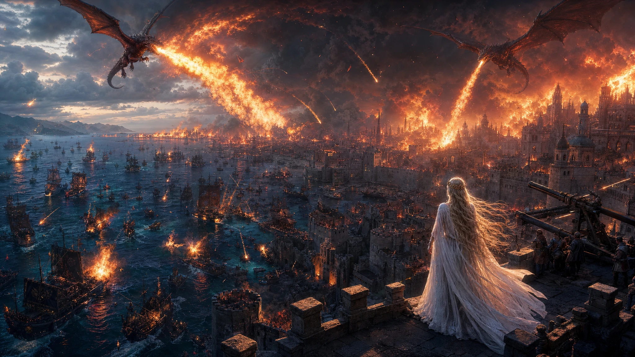 Dragones Atacan una Ciudad Portuaria de Fantasía en Llamas y Bajo Asedio