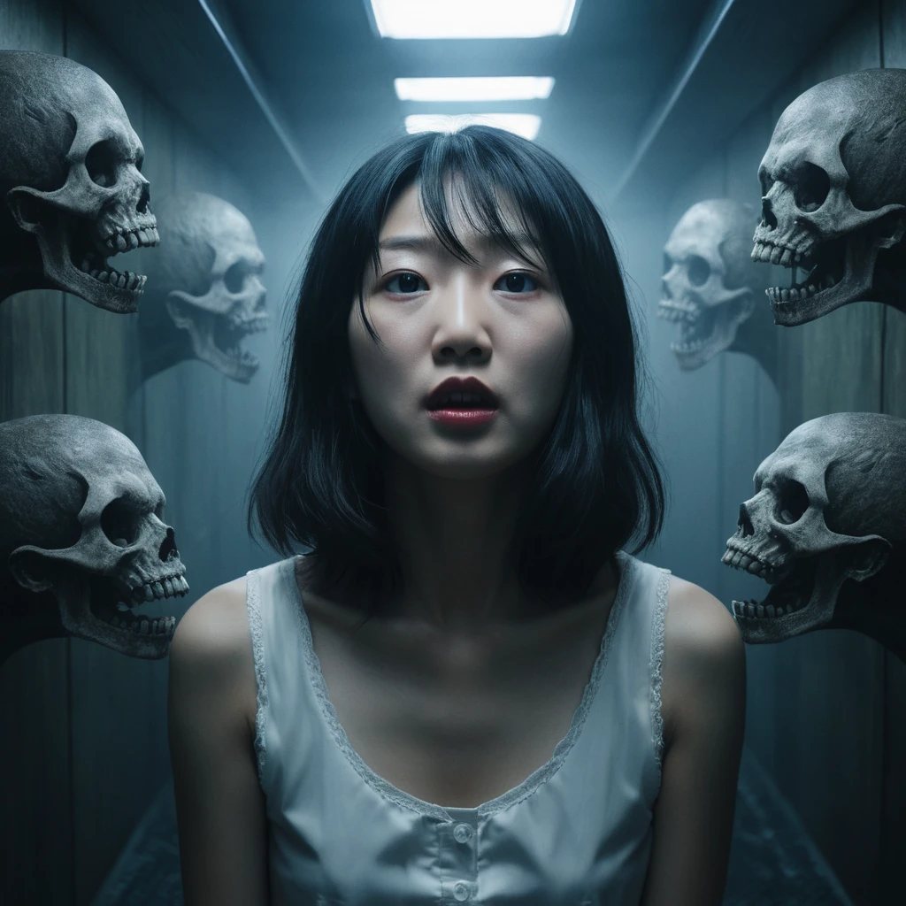 Surreal woman in a twisted comedic horror fantasy portrait