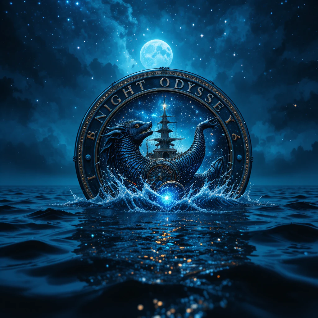 Surreal cosmic postage stamp above misty reflective water