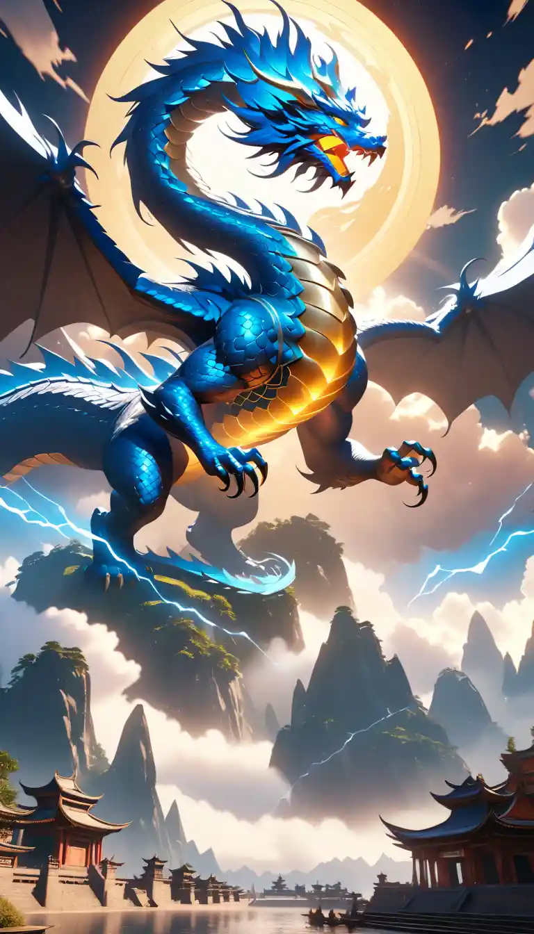 Maestoso drago celestiale che sorvola montagne fluttuanti