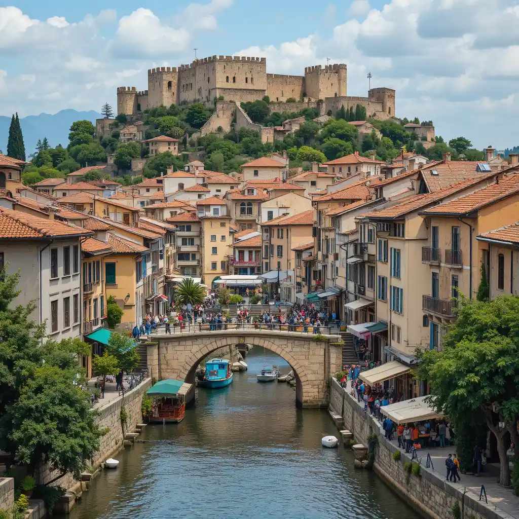 Historic Skopje cityscape with Kale Fortress above old bazaar