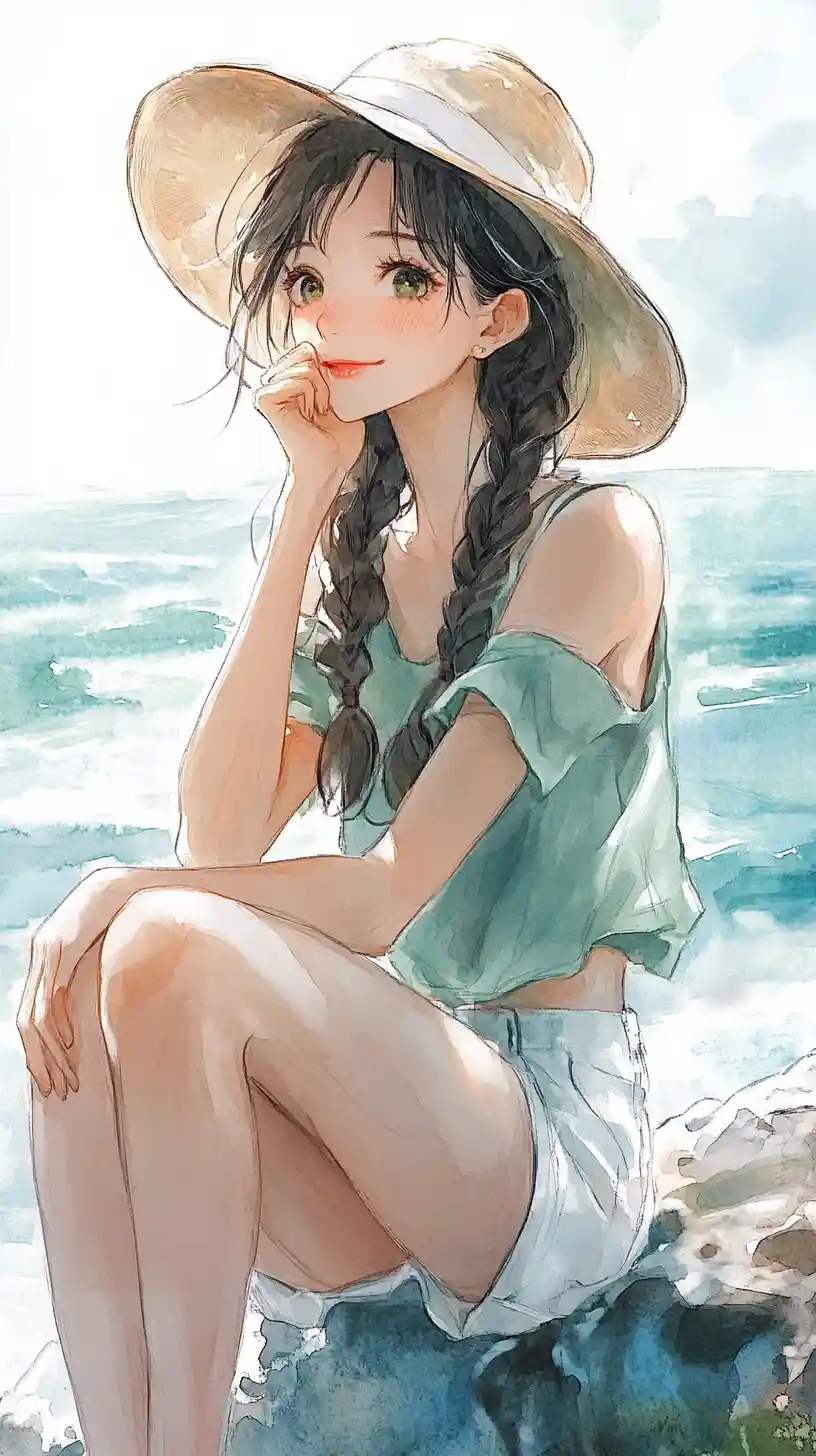 Young woman sitting by the sea in watercolor art