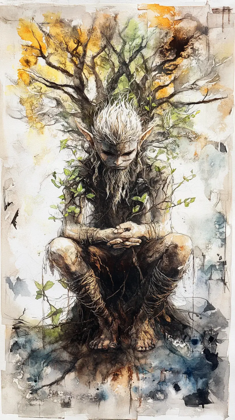 Elf Beside An Ancient Tree Of Layered Botanical Sketches