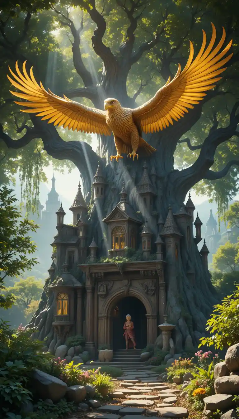 Golden eagle soaring above ancient tree carved city