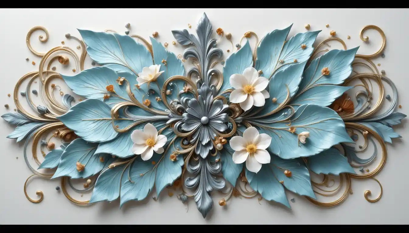 Art nouveau abstract ornament with blue petals and gold