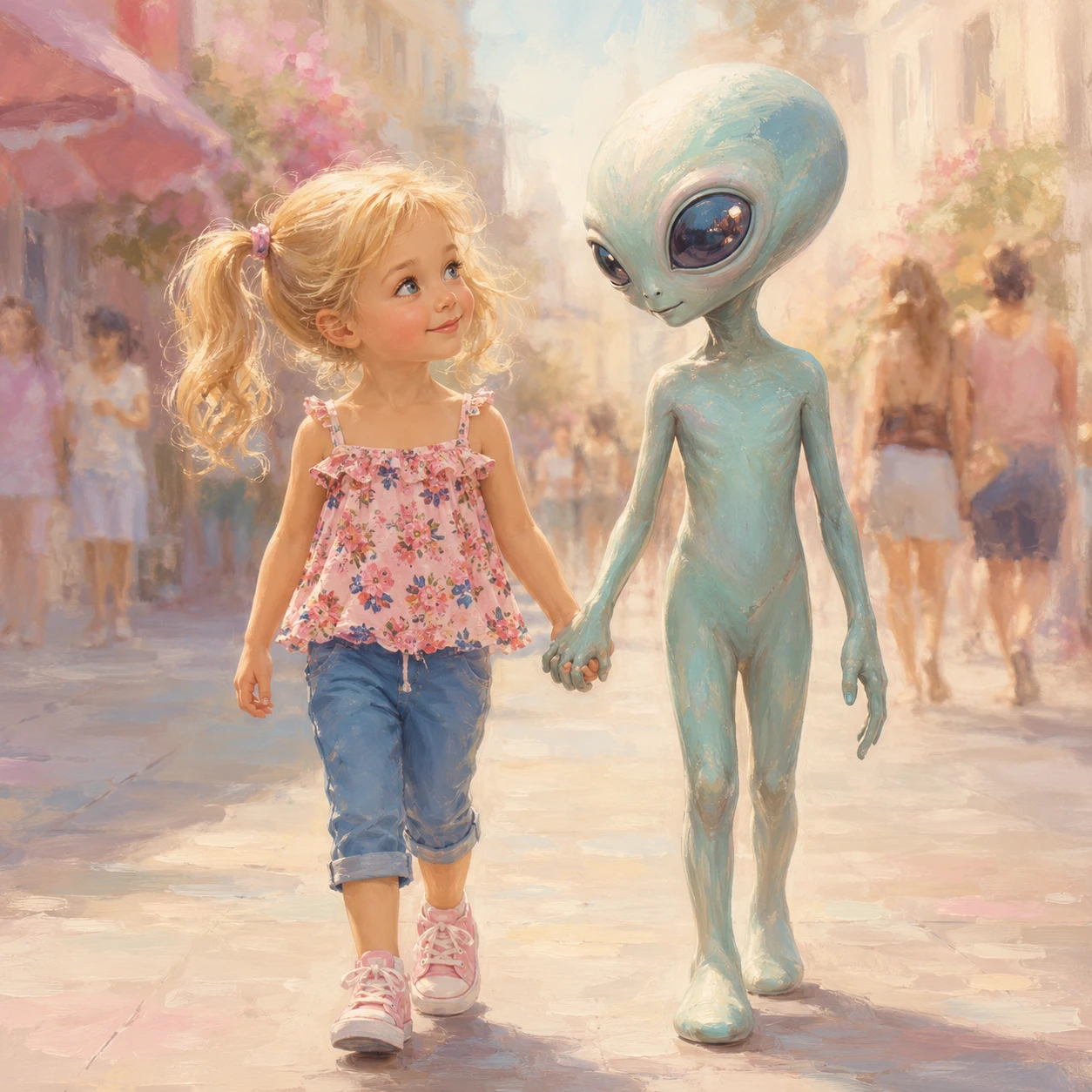 Little girl holding hands with alien on summer city street