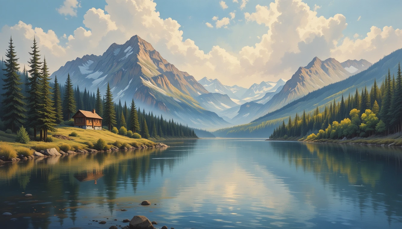 Serene mountain lake with cabin at golden hour