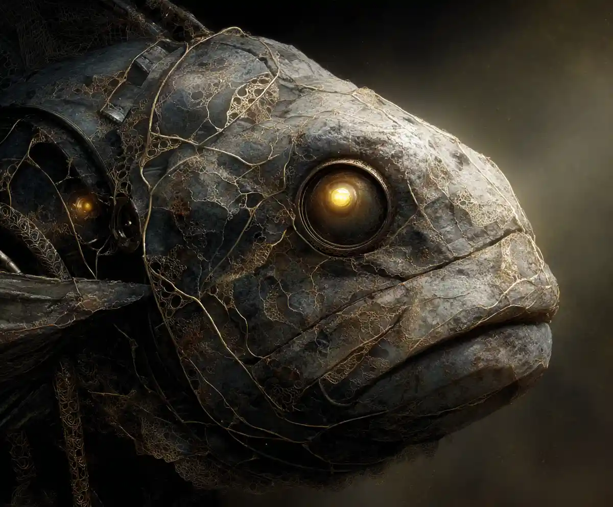 Gigantic Mechanical Cyber Fish With Glowing Golden Eyes