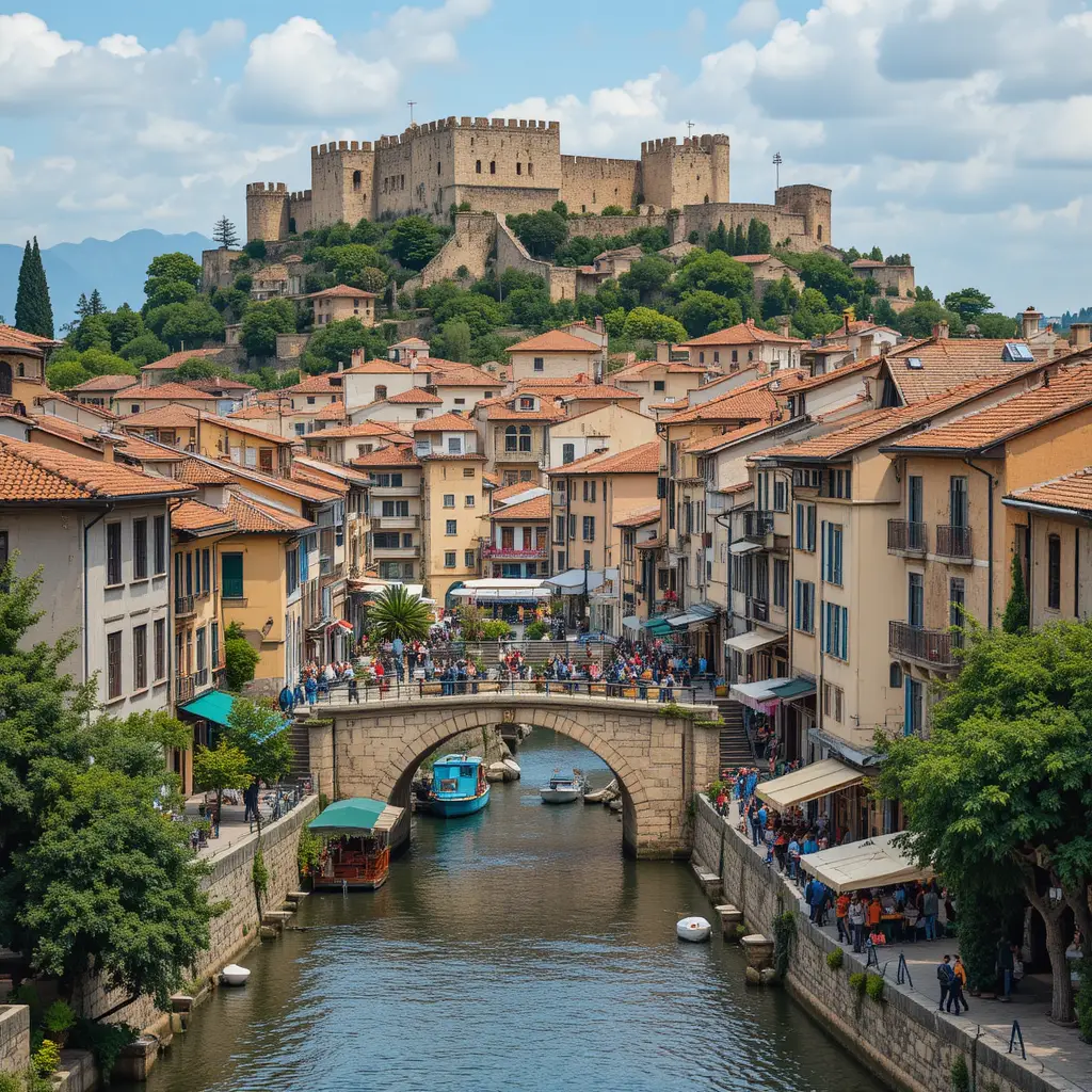 Historic Skopje cityscape with Kale Fortress above old bazaar