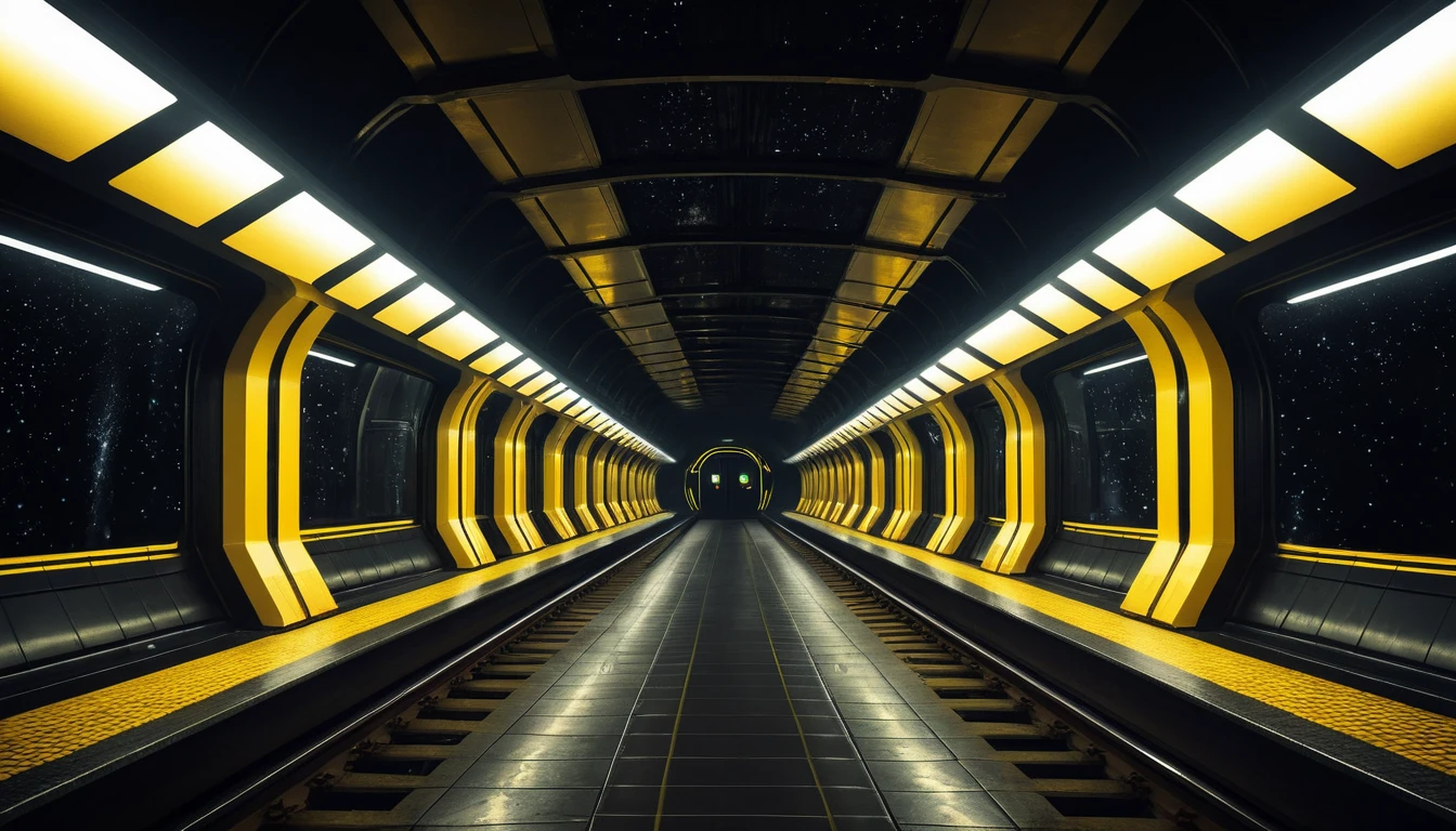 Futuristic subway city with passenger train and neon lights