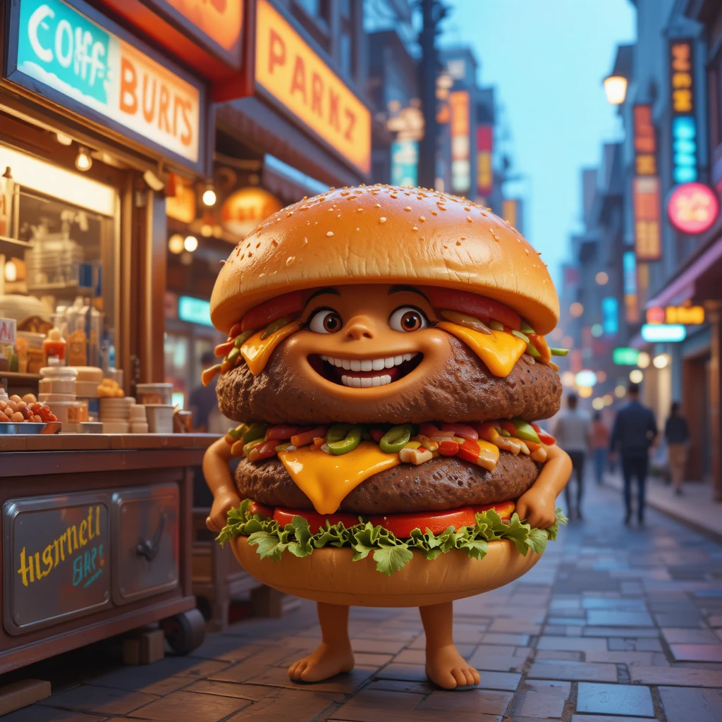 Cheerful 3D Cartoon Burger Beside A Busy City Food Cart