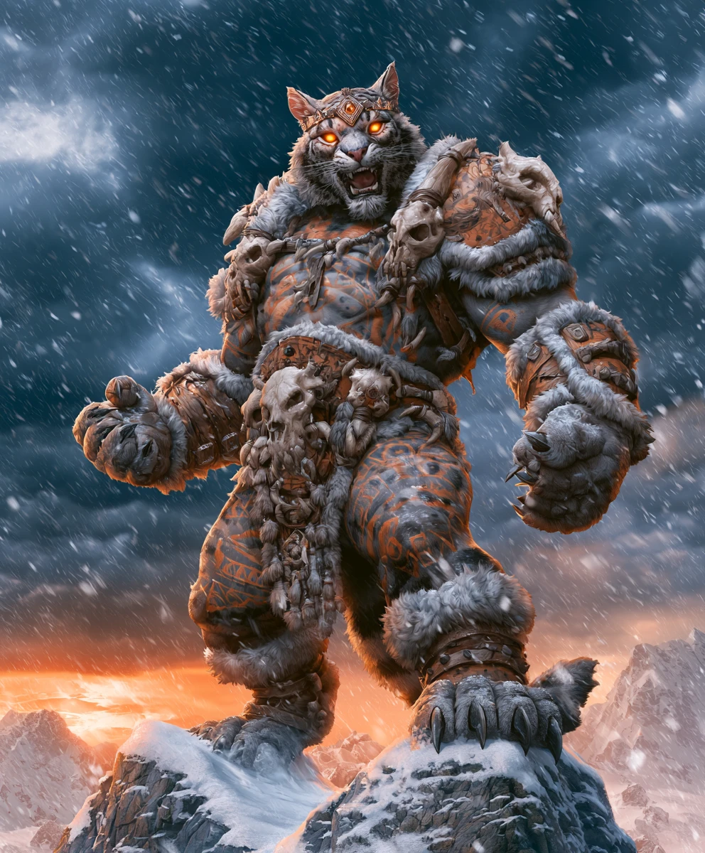 Epic cat warrior on a snowy mountain peak at sunset