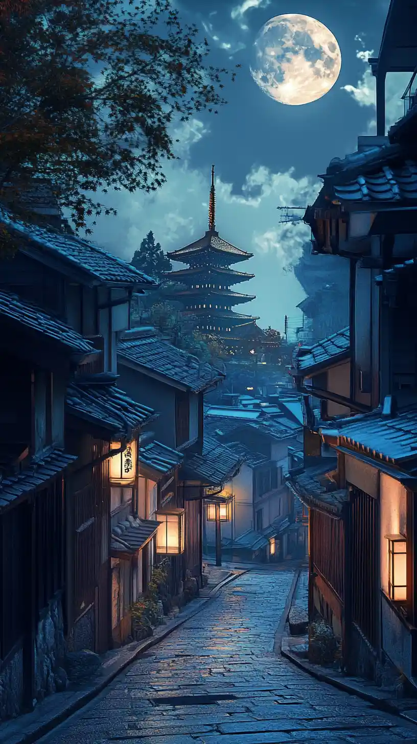 Moonlit Japanese alley with distant temple and glowing windows