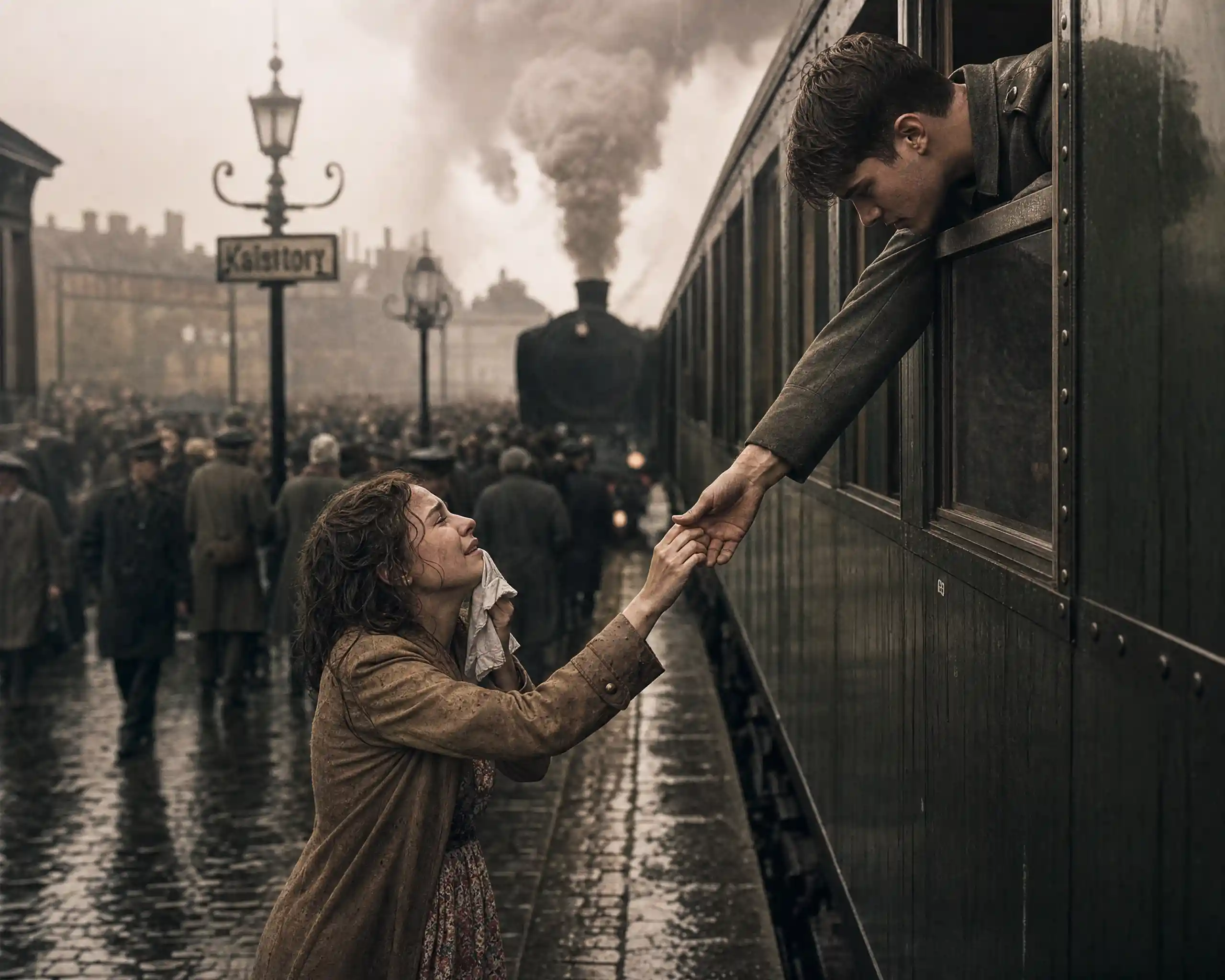 Emotional farewell between soldier and lover at rainy station
