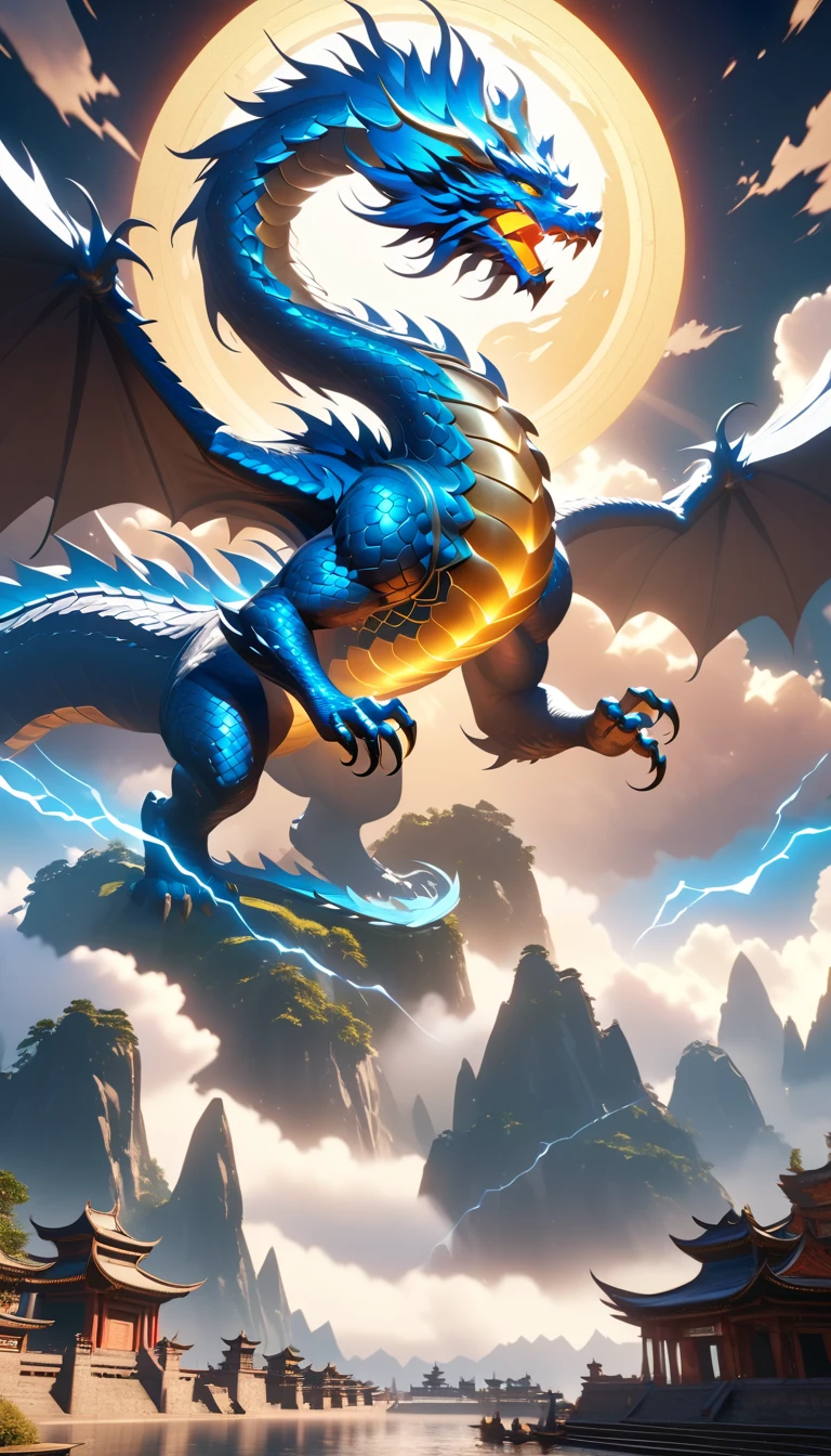 Majestic celestial dragon soaring above floating mountains
