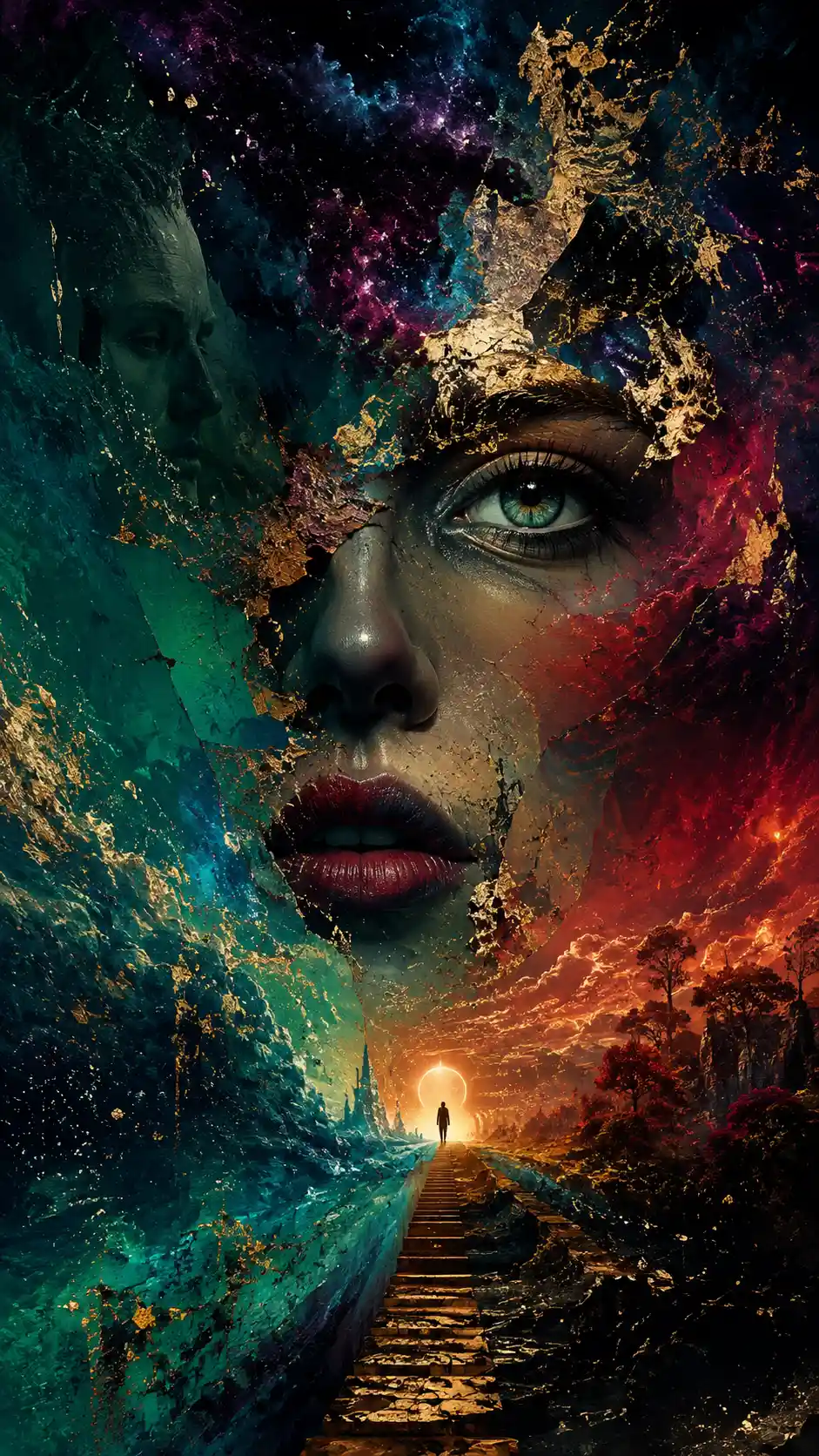 Portrait surréaliste en techniques mixtes en vue épique à la première personne