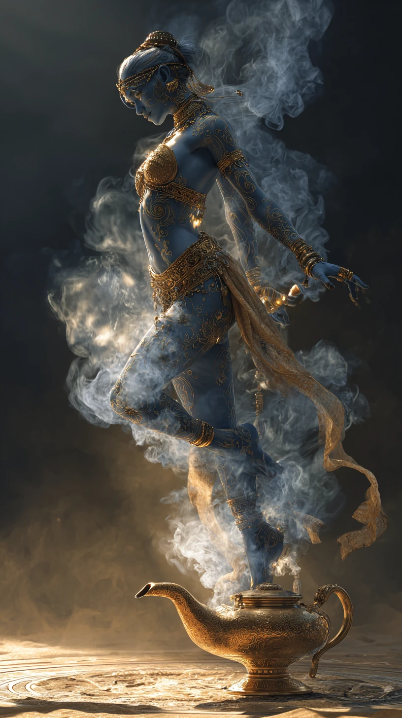 Majestic blue djinn emerging from a glowing brass lamp