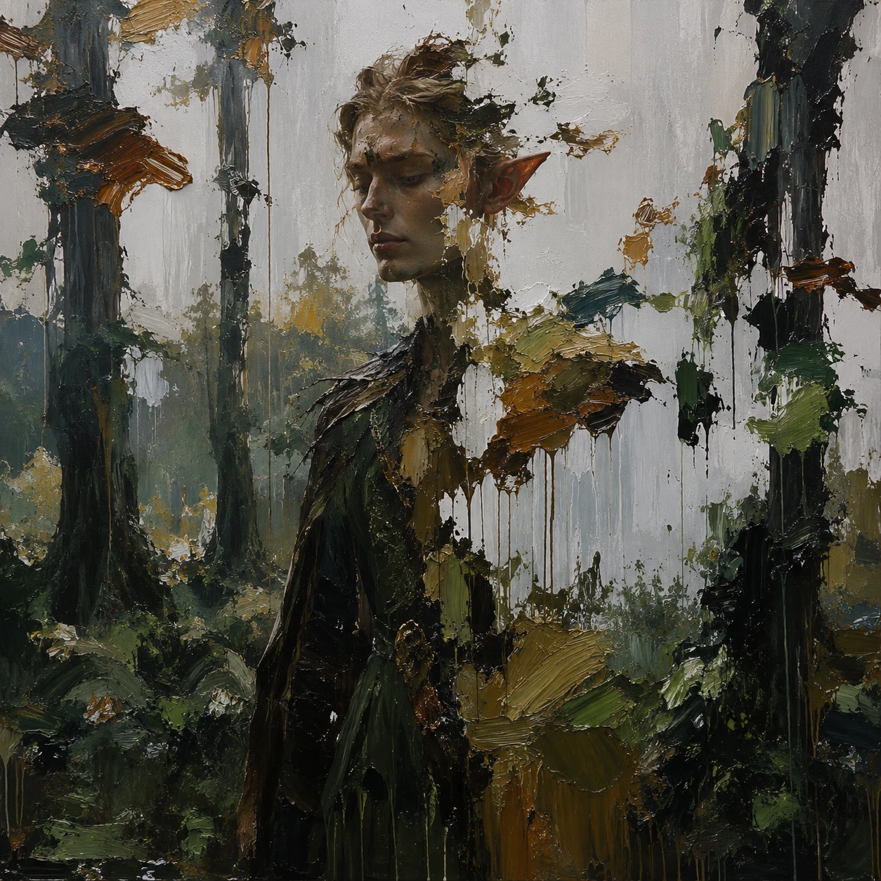 Elf dissolving into paint within an unfinished forest
