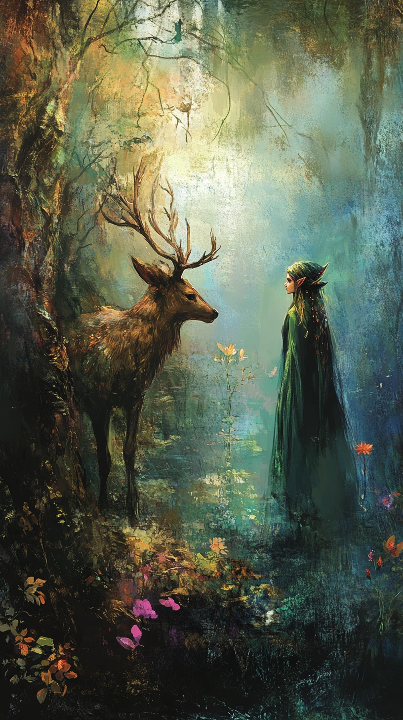 Young elf meeting a deer in a flowing forest vision