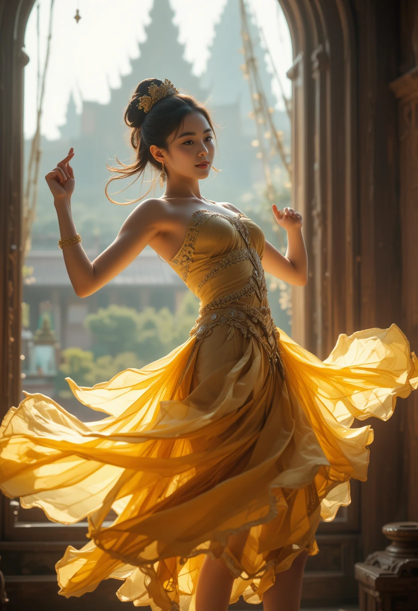 Cambodian dancer posing gracefully in temple interior