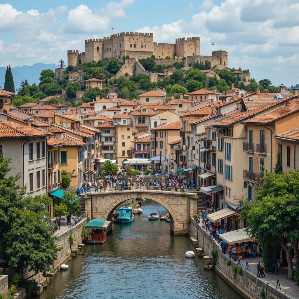 Historic Skopje cityscape with Kale Fortress above old bazaar