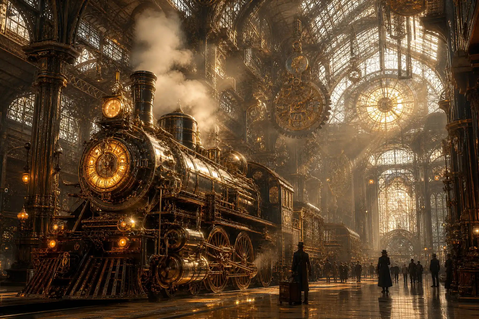 Victorian iron and glass train station with steampunk locomotive