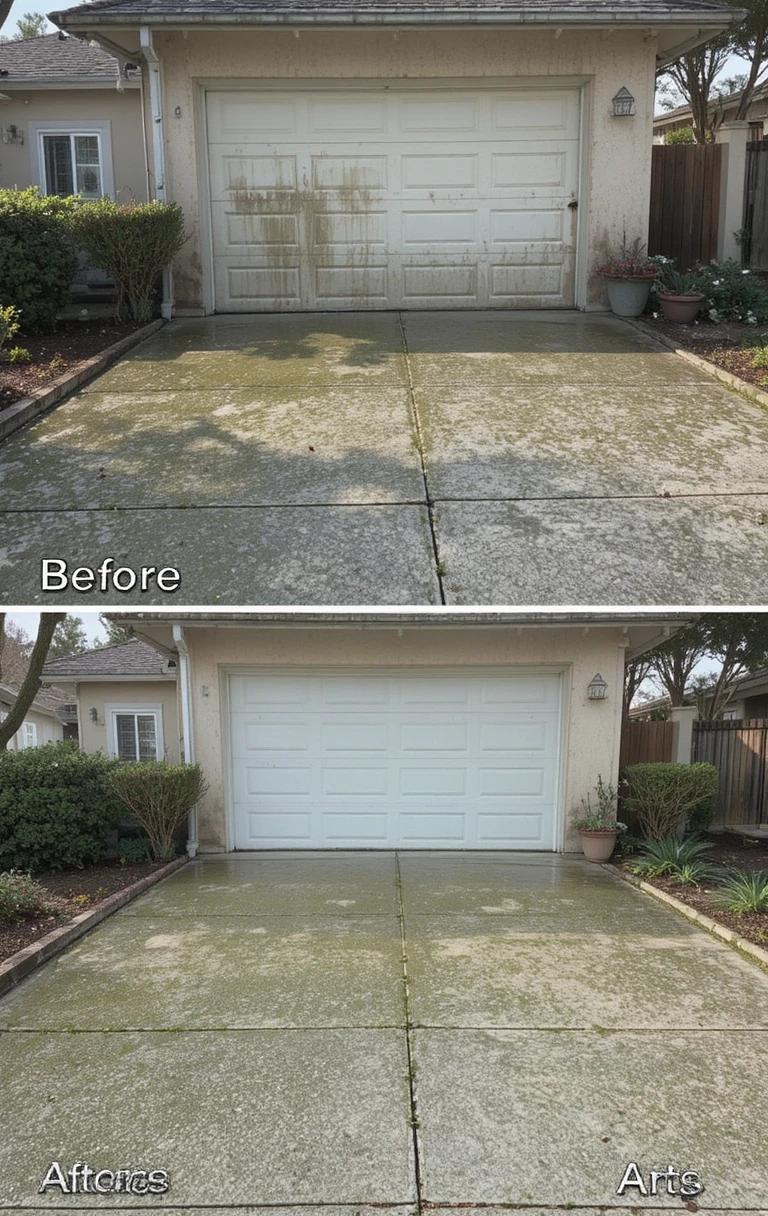 Clean stucco house wall and driveway after pressure washing
