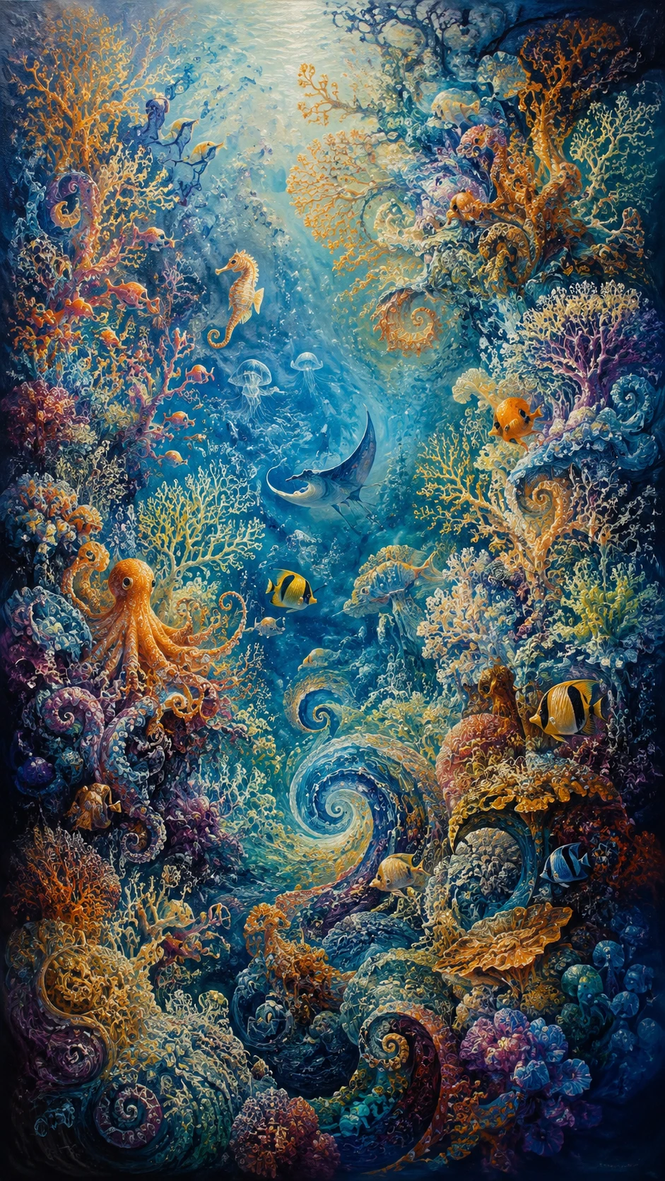 Abstract coral reef with hidden sea creatures in flowing color