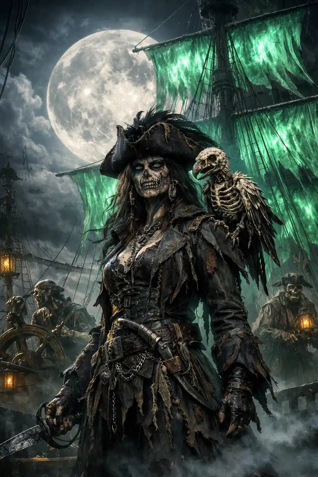 Undead pirate captain on a ghost ship beneath full moon