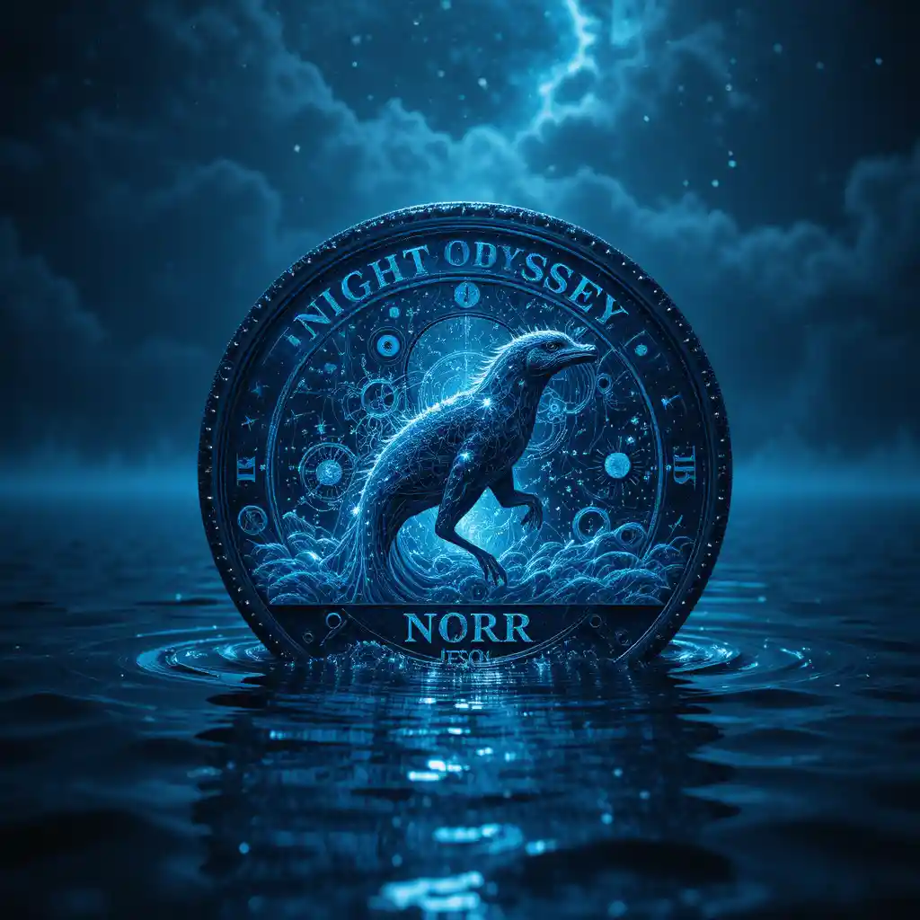Francobollo cosmico surreale sopra acqua nebbiosa e riflettente