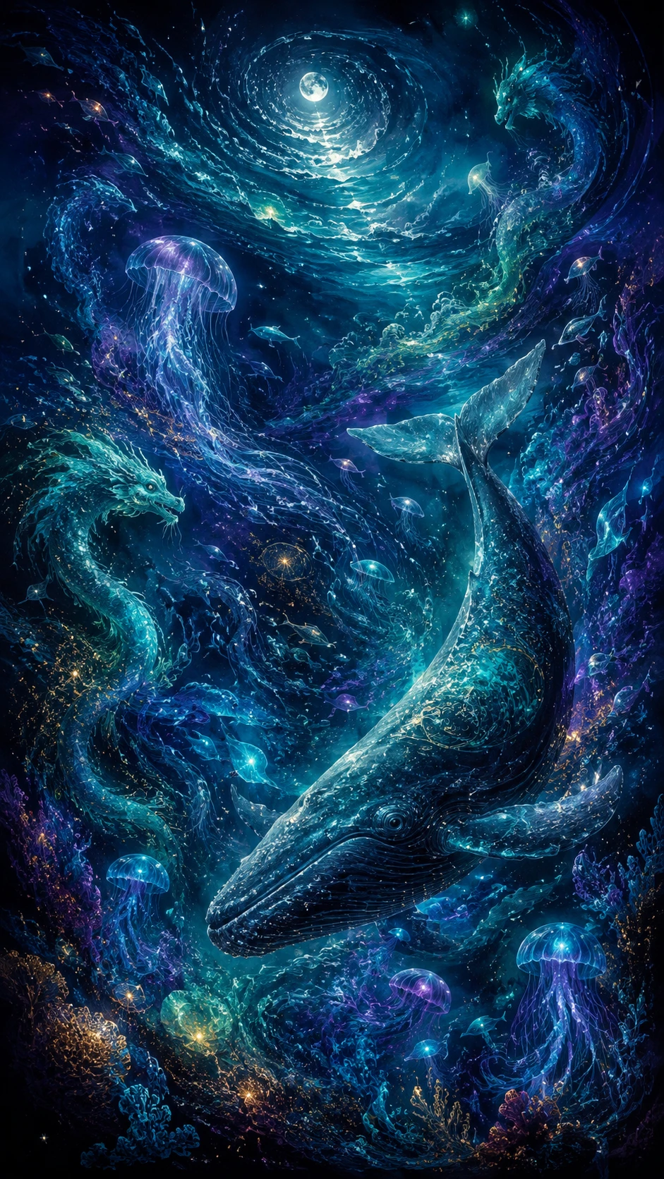 Infinito océano nocturno de vida marina bioluminiscente resplandeciente