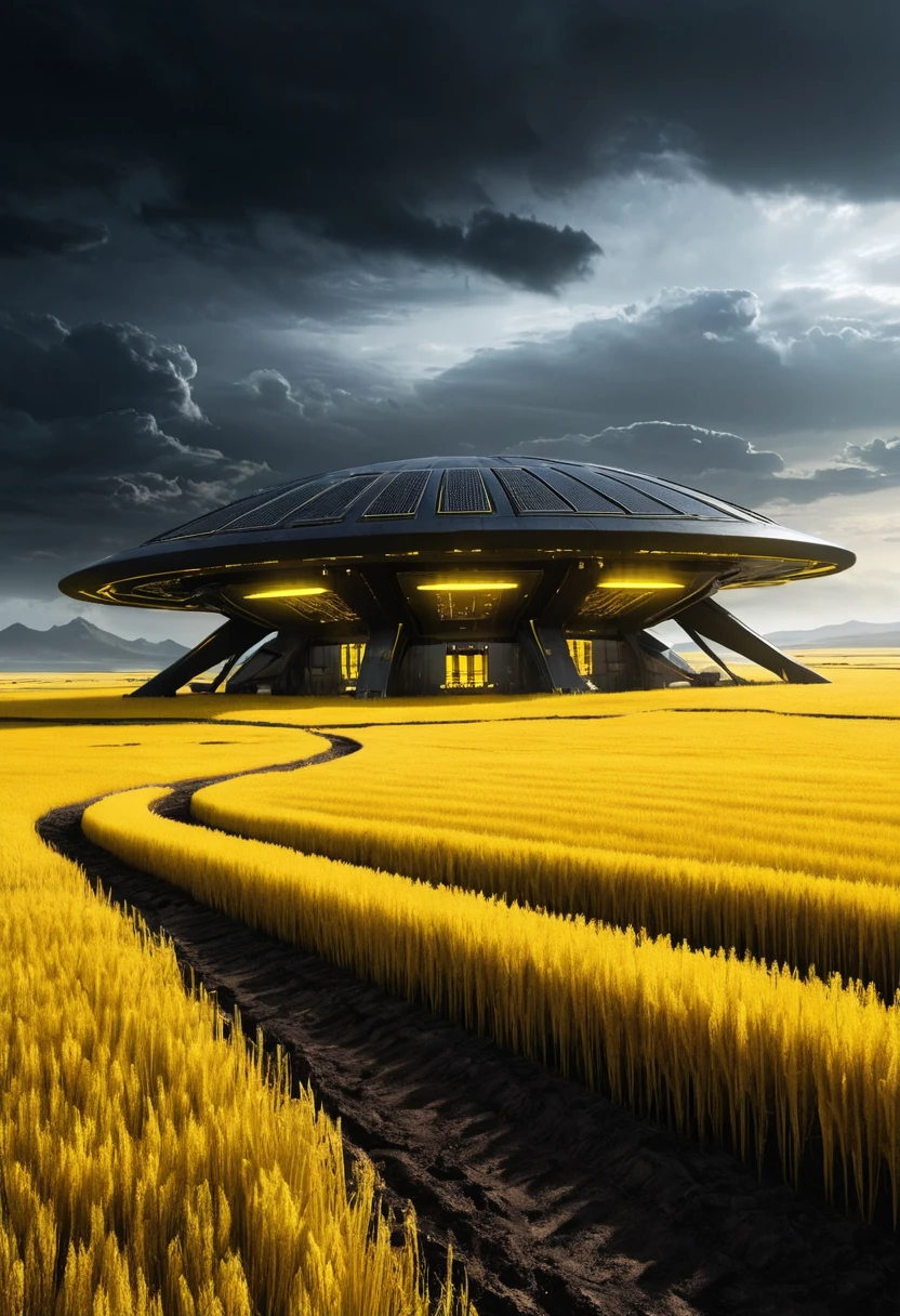 Futuristic military base on yellow grass alien world