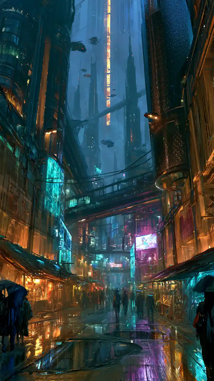 Moody futuristic city street with towering neon skyscrapers