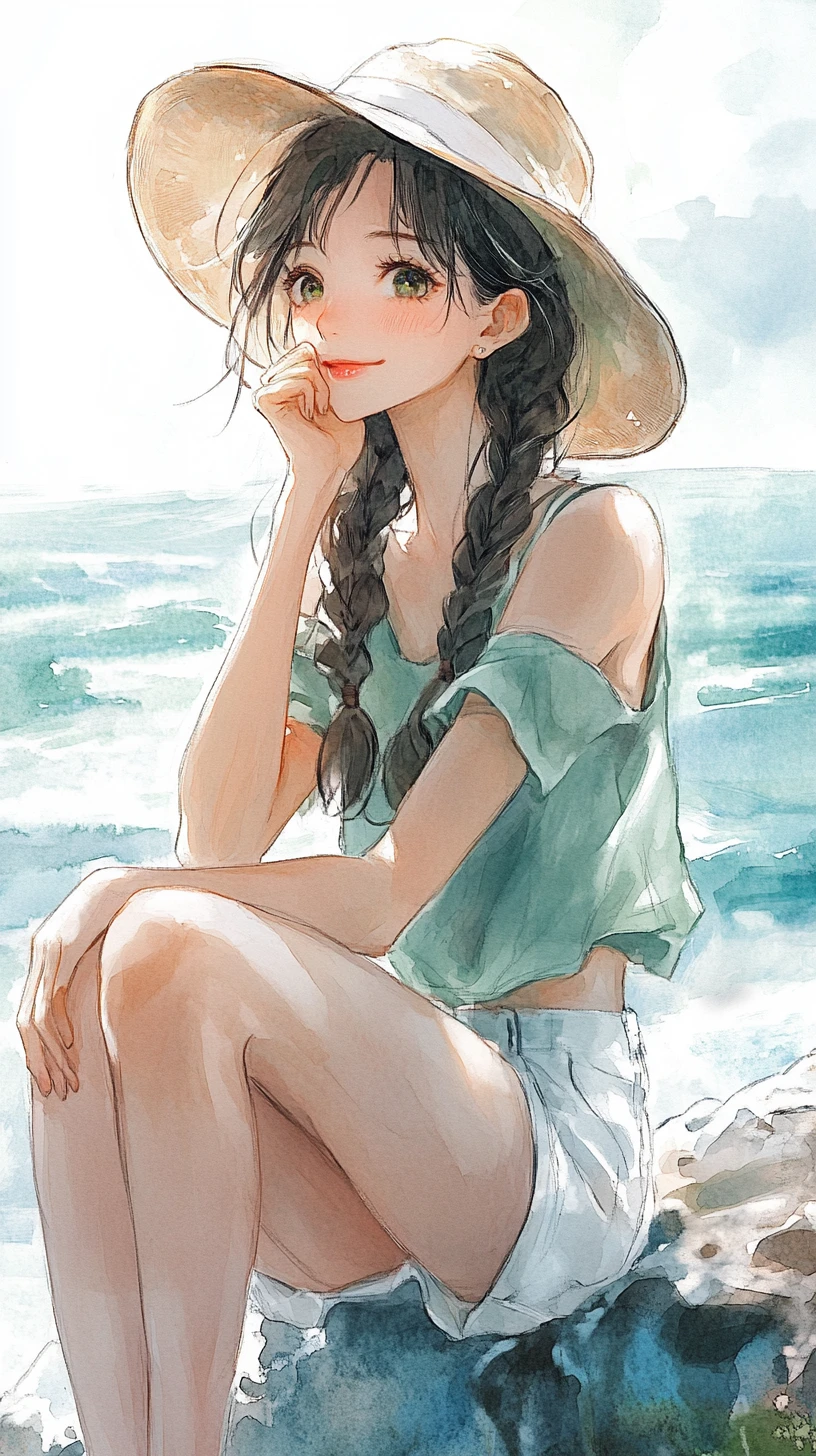 Young woman sitting by the sea in watercolor art