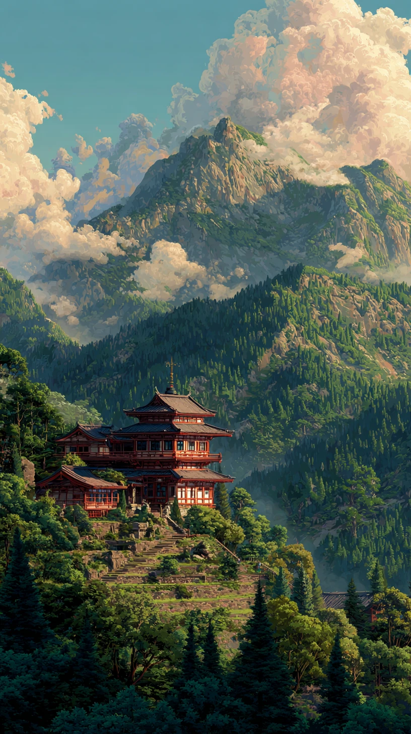 Paisaje de templo de anime con colinas y montañas verdes