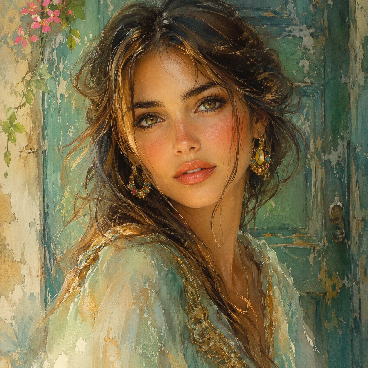 Retrato de una chica con cabello castaño y reflejos dorados