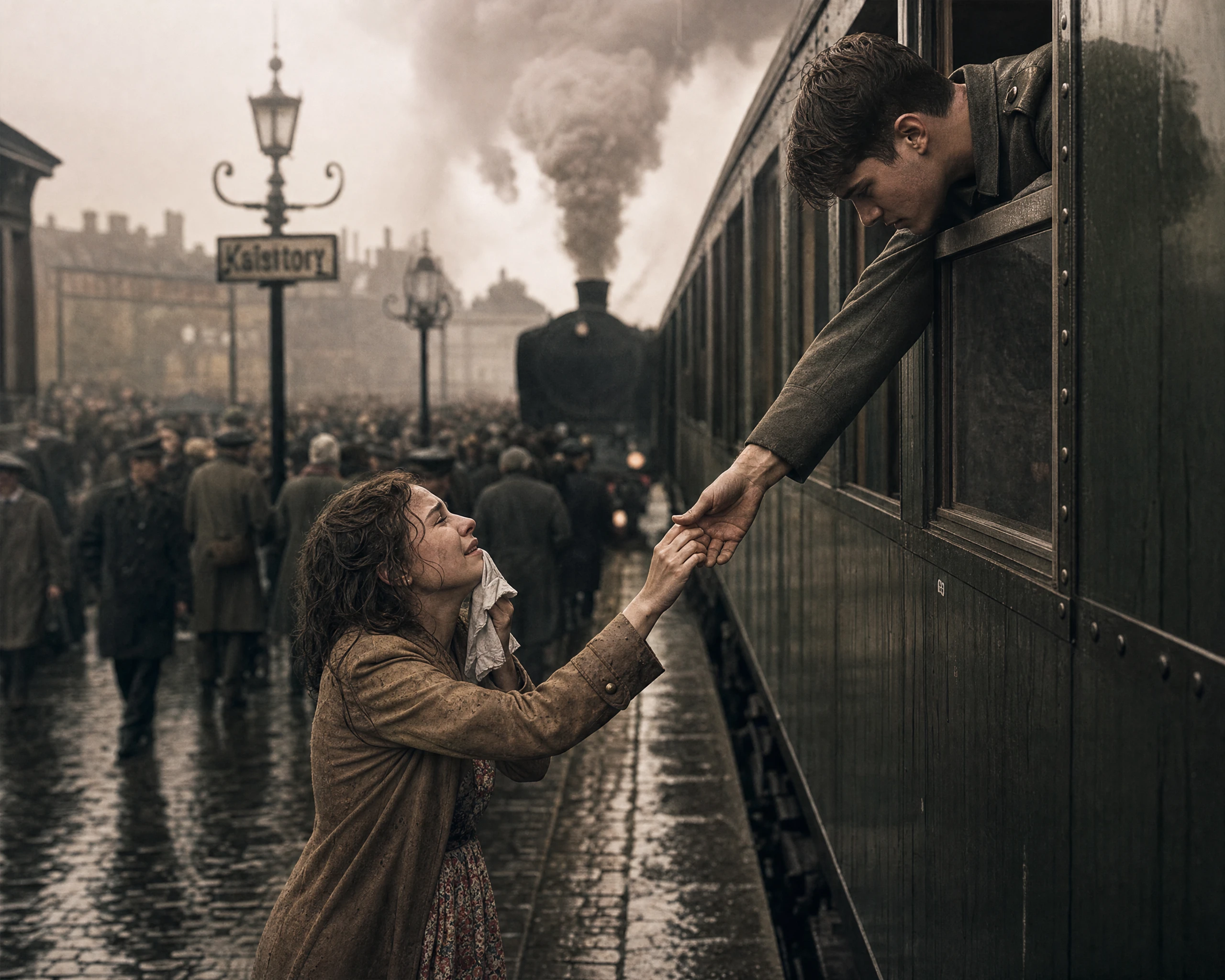 Emotional farewell between soldier and lover at rainy station