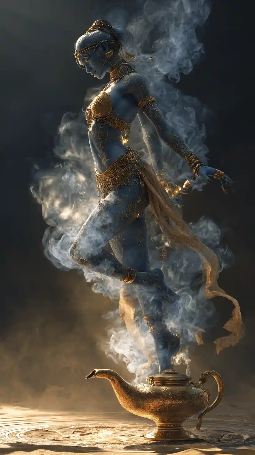 Majestic blue djinn emerging from a glowing brass lamp