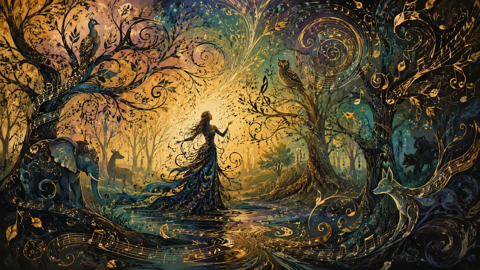 Calligraphic forest of music and hidden animal forms
