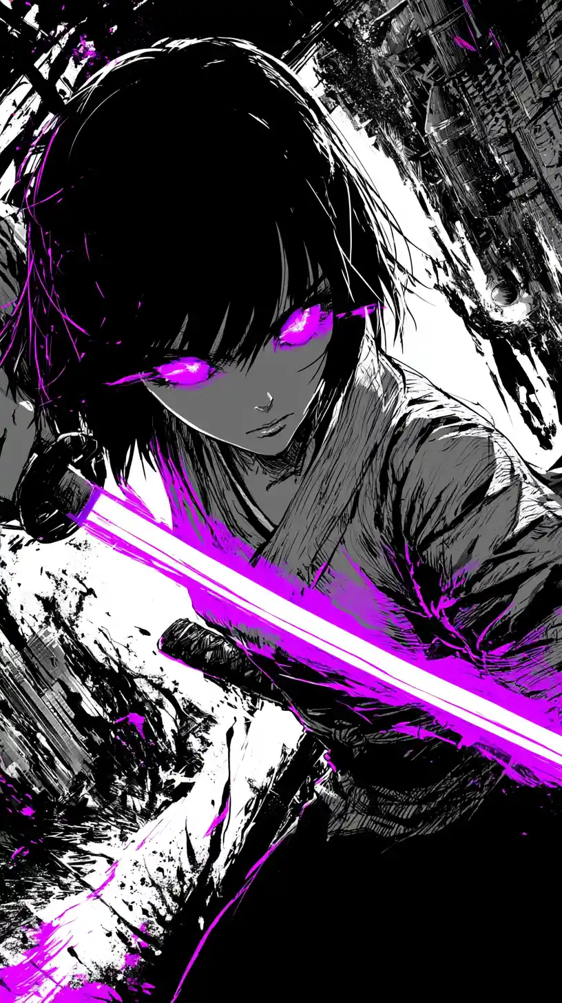 Anime warrior woman with glowing katana in surreal city