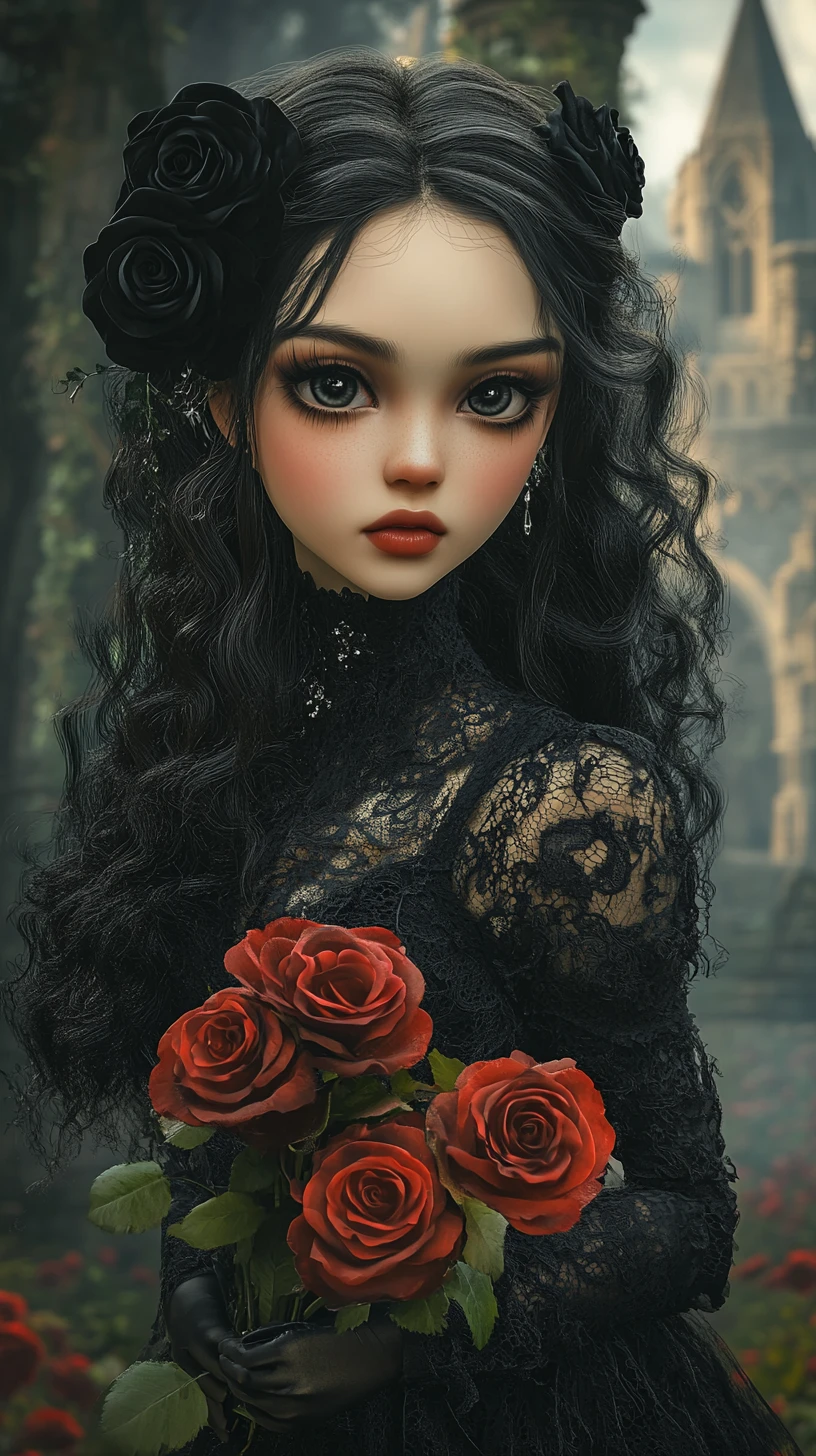 Gothic girl with black lace dress and red roses