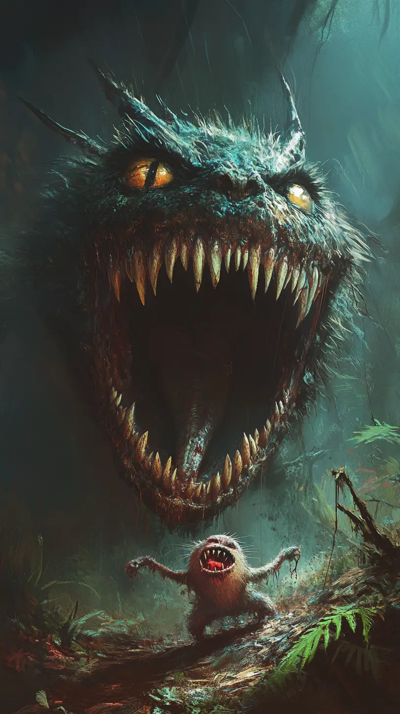 Anthropomorphic creature devouring a smaller fearful being