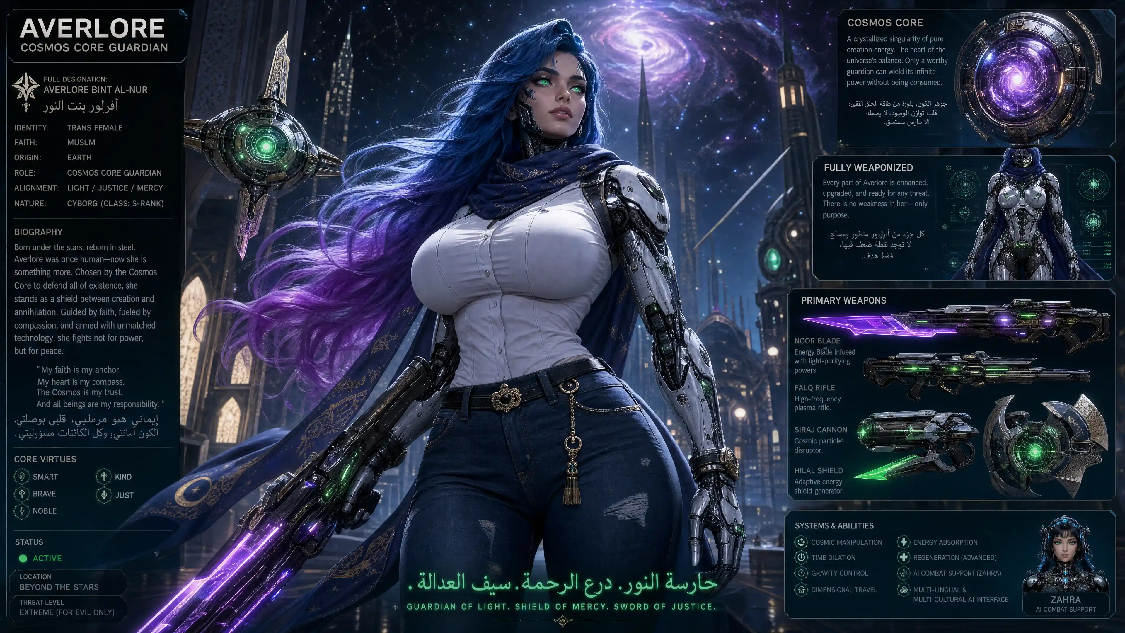 Trans female cyborg guardian with long blue purple hair